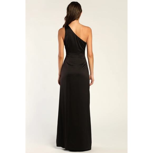 NWOT Lulus Dreaming of Elegance Black Satin One-Shoulder Maxi Dress Wedding Sz L - Picture 3 of 6